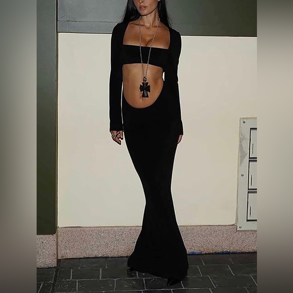 BLOGGERS FAV (S) Black Cut Out Bodycon Backless Long Sleeve Maxi Dress - Picture 5 of 9
